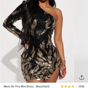 Fashion Nova One-Shoulder Sequin Dress - Black and Gold